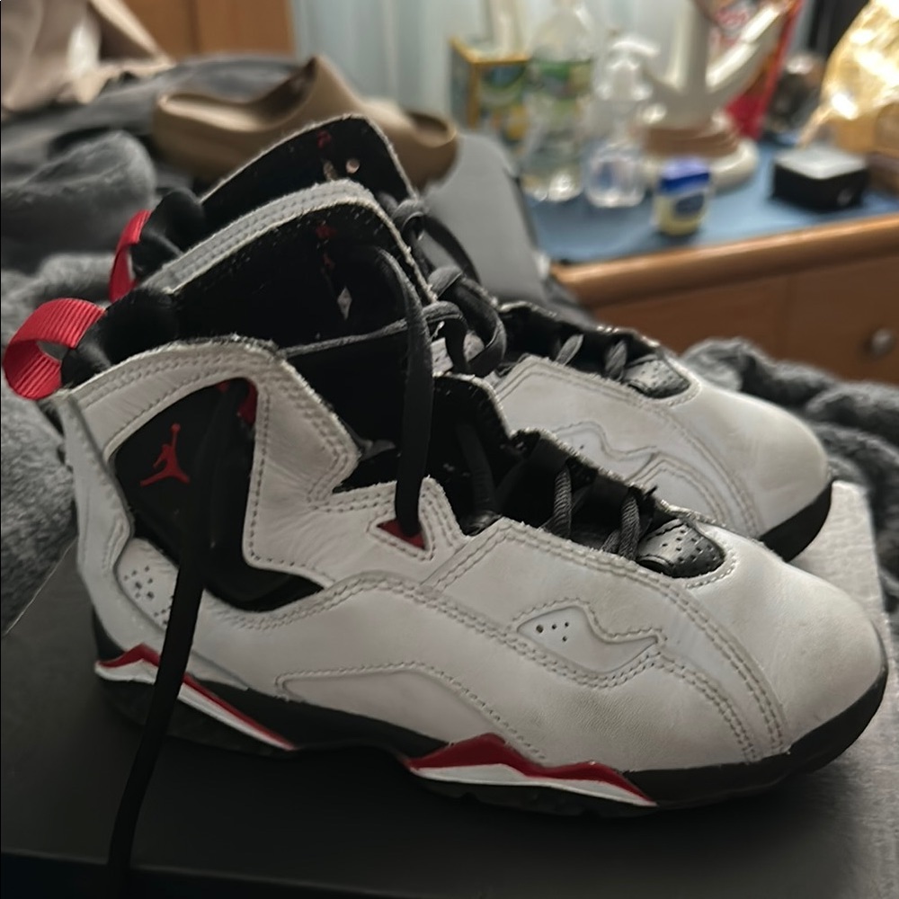 Kids Jordan White and Red Sneakers